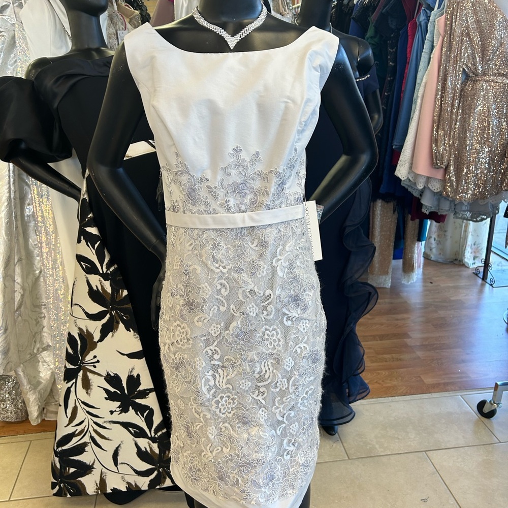 Mon Cheri silver tea length dress with lace size 16